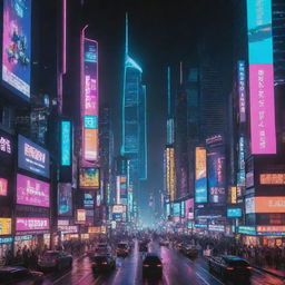 A bustling cyberpunk cityscape, illuminated by neon lights, towering skyscrapers with holographic billboards, and futuristic vehicles zipping through the night sky