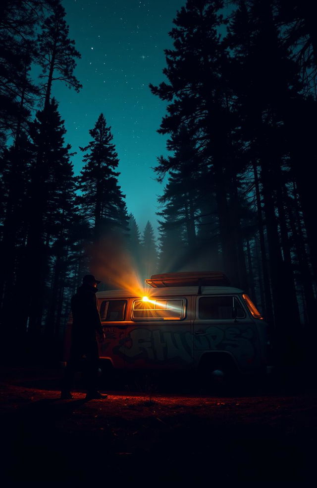 A dark and atmospheric scene showing a vintage van parked in a secluded forest at dusk