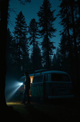 A dark and atmospheric scene showing a vintage van parked in a secluded forest at dusk