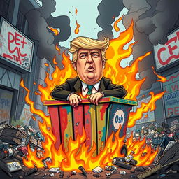 A surreal, satirical scene featuring a caricature of Donald Trump sitting in a flaming dumpster, surrounded by dynamic flames and smoke