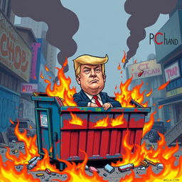 A surreal, satirical scene featuring a caricature of Donald Trump sitting in a flaming dumpster, surrounded by dynamic flames and smoke