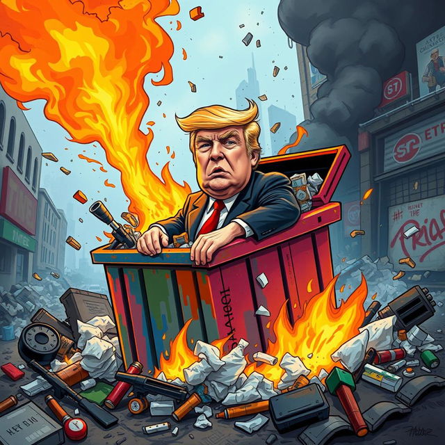 A surreal, satirical scene featuring a caricature of Donald Trump sitting in a flaming dumpster, surrounded by dynamic flames and smoke