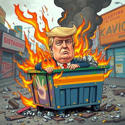 A surreal, satirical scene featuring a caricature of Donald Trump sitting in a flaming dumpster, surrounded by dynamic flames and smoke
