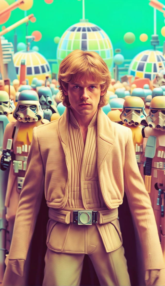 32k Star Wars poster featuring a Wes Anderson-inspired Luke Skywalker at a party with his lightsaber on a 200mm canvas.