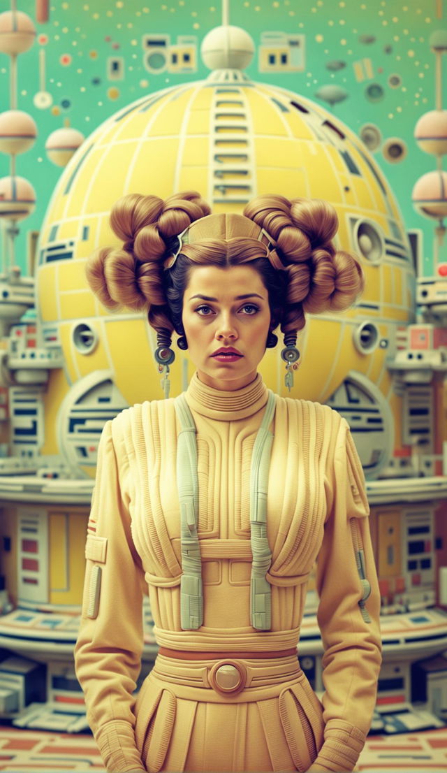 32k Star Wars poster featuring a Wes Anderson-inspired Princess Leia on a 200mm canvas.