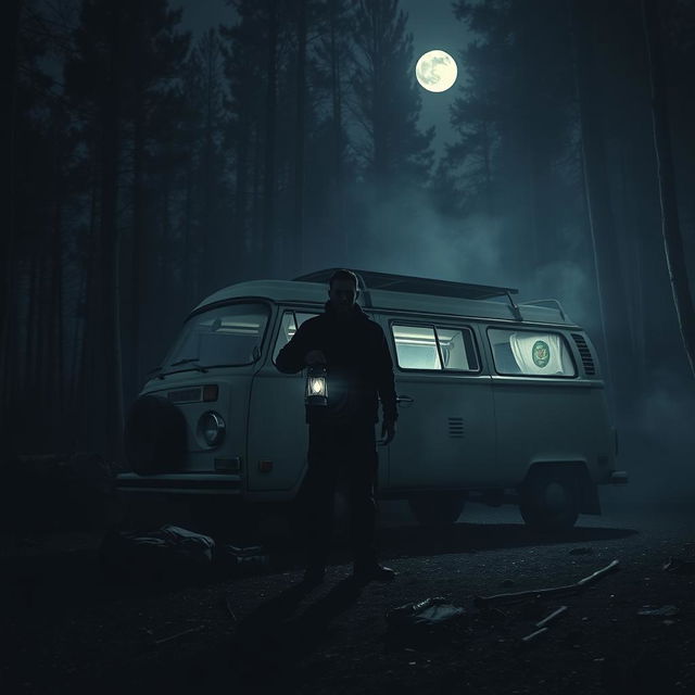 A chilling and dramatic scene depicting a deserted campsite in the woods, where a vintage van is parked ominously under a full moon