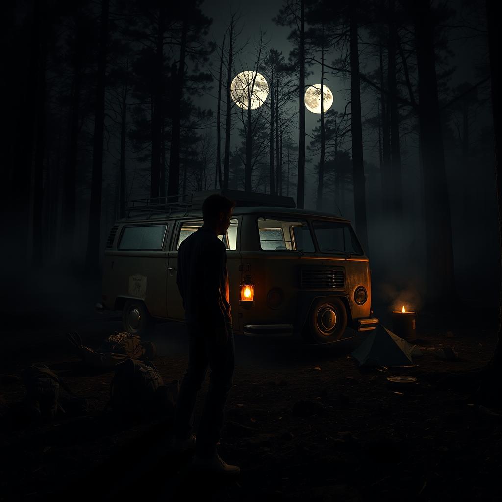 A chilling and dramatic scene depicting a deserted campsite in the woods, where a vintage van is parked ominously under a full moon