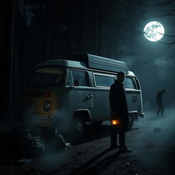 A chilling and dramatic scene depicting a deserted campsite in the woods, where a vintage van is parked ominously under a full moon