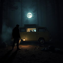 A chilling and dramatic scene depicting a deserted campsite in the woods, where a vintage van is parked ominously under a full moon