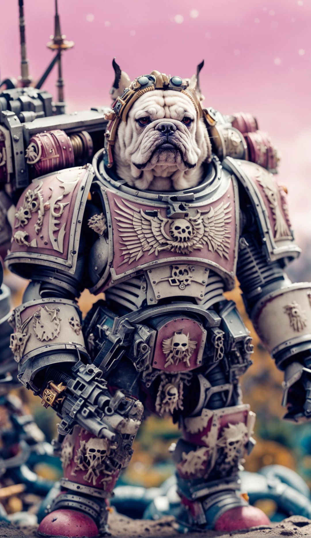 An English Bulldog as a Warhammer Space Marine in a Wes Anderson-inspired universe, standing on an alien planet with pastel hues