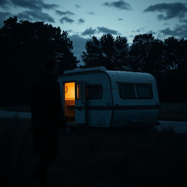 A haunting and suspenseful scene depicting an abandoned campervan parked on a lonely country road at twilight