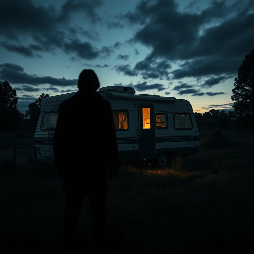 A haunting and suspenseful scene depicting an abandoned campervan parked on a lonely country road at twilight