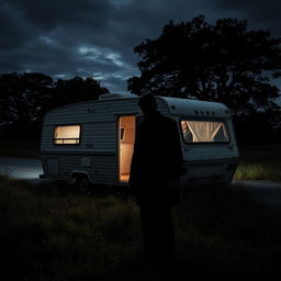 A haunting and suspenseful scene depicting an abandoned campervan parked on a lonely country road at twilight