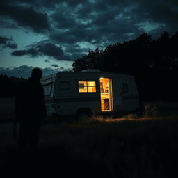 A haunting and suspenseful scene depicting an abandoned campervan parked on a lonely country road at twilight