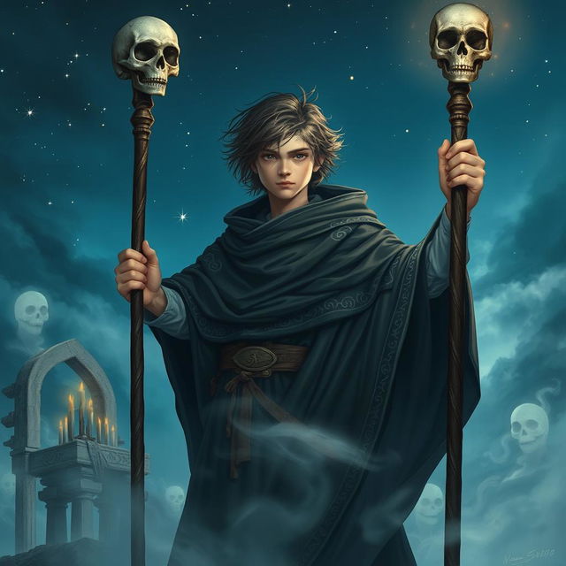 A young human necromancer wizard with noble origins, wearing a flowing dark cloak adorned with intricate silver runes