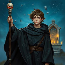 A young human necromancer wizard with noble origins, wearing a flowing dark cloak adorned with intricate silver runes