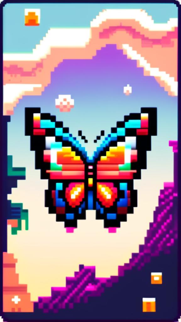 Pixel art profile picture featuring a vibrant butterfly with intricate patterns and gradient colors on its wings against a simple white background