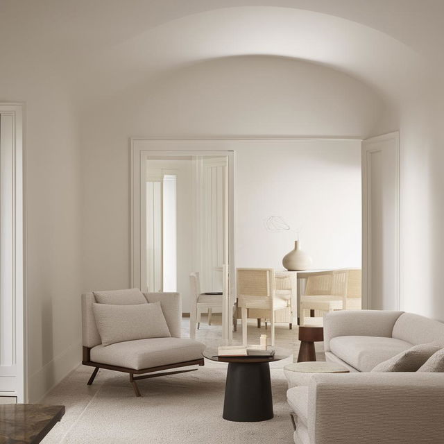 A simple, elegantly designed interior with minimal furnishings and a neutral color palette.