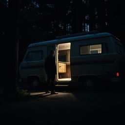 An unsettling scene featuring a vintage campervan parked alone on the edge of a dense, dark forest at twilight