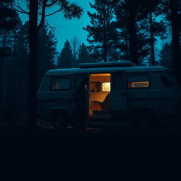 An unsettling scene featuring a vintage campervan parked alone on the edge of a dense, dark forest at twilight