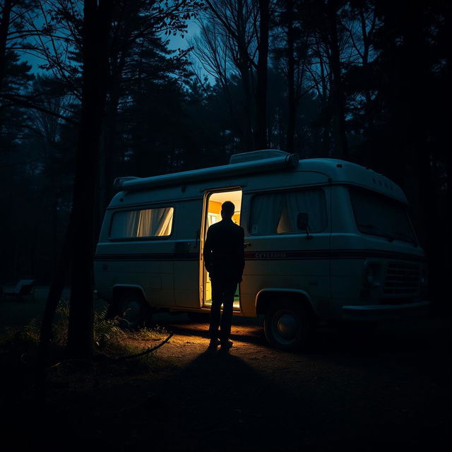 An unsettling scene featuring a vintage campervan parked alone on the edge of a dense, dark forest at twilight