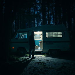 An unsettling scene featuring a vintage campervan parked alone on the edge of a dense, dark forest at twilight