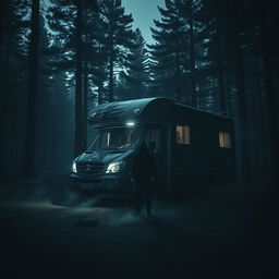 A sinister scene featuring a sleek, modern motorhome parked in an isolated area of a dense, shadowy forest at dusk