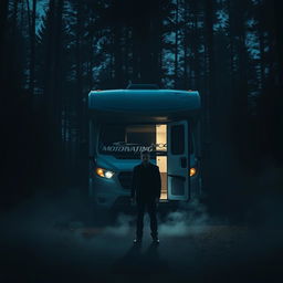A sinister scene featuring a sleek, modern motorhome parked in an isolated area of a dense, shadowy forest at dusk