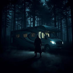 A sinister scene featuring a sleek, modern motorhome parked in an isolated area of a dense, shadowy forest at dusk