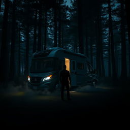 A sinister scene featuring a sleek, modern motorhome parked in an isolated area of a dense, shadowy forest at dusk