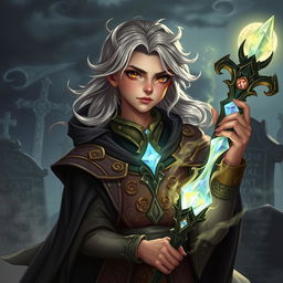 A young human necromancer wizard, dressed in ornate robes and wielding a staff adorned with glowing crystals