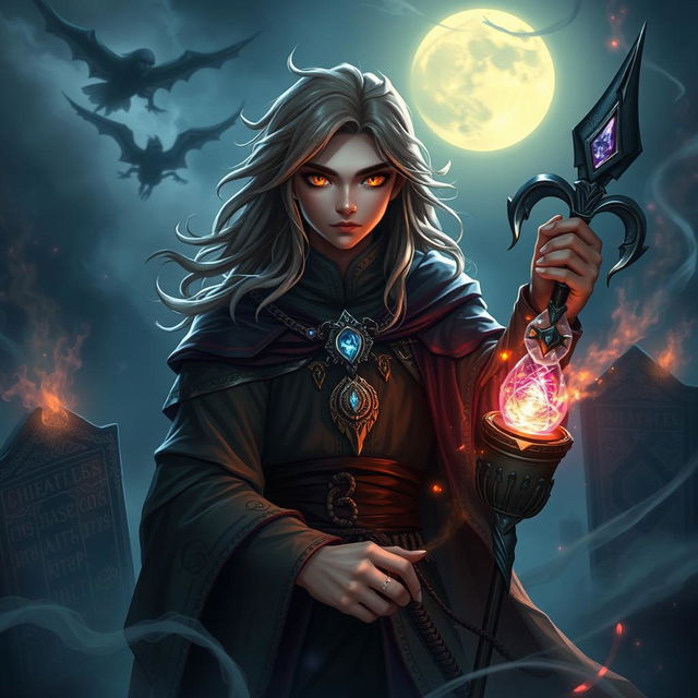 A young human necromancer wizard, dressed in ornate robes and wielding a staff adorned with glowing crystals