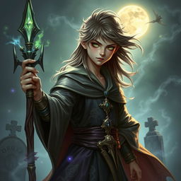 A young human necromancer wizard, dressed in ornate robes and wielding a staff adorned with glowing crystals