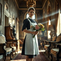 A striking scene set in an elegantly appointed mansion, showcasing a poised and attractive house maid in traditional attire, complete with a crisp white apron and a dark dress