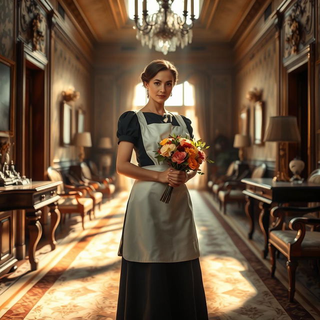 A striking scene set in an elegantly appointed mansion, showcasing a poised and attractive house maid in traditional attire, complete with a crisp white apron and a dark dress