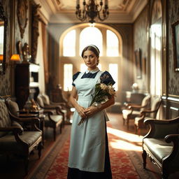 A striking scene set in an elegantly appointed mansion, showcasing a poised and attractive house maid in traditional attire, complete with a crisp white apron and a dark dress