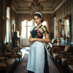 A striking scene set in an elegantly appointed mansion, showcasing a poised and attractive house maid in traditional attire, complete with a crisp white apron and a dark dress