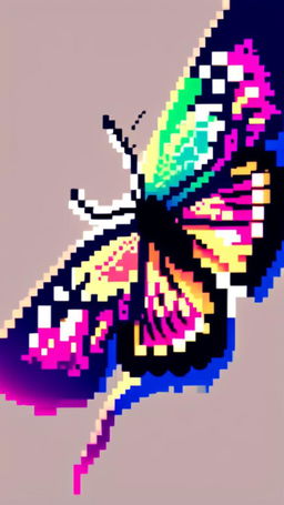 Pixel art profile picture featuring a vibrant butterfly with intricate patterns and gradient colors on its wings against a simple white background