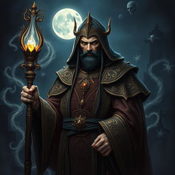 A necromancer wizard of the human race, adorned in intricate, luxurious robes that signify his noble origins