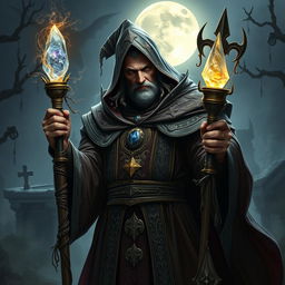 A necromancer wizard of the human race, adorned in intricate, luxurious robes that signify his noble origins