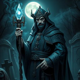 A necromancer wizard of the human race, adorned in intricate, luxurious robes that signify his noble origins