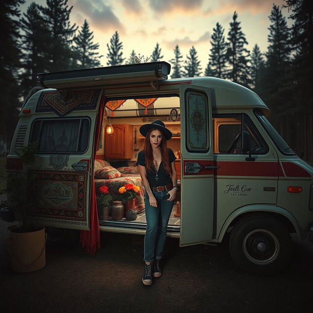 A chilling scene that captures the essence of a young woman with an air of mystery, living in a beautifully decorated van