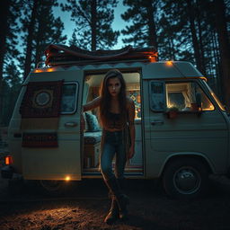 A chilling scene that captures the essence of a young woman with an air of mystery, living in a beautifully decorated van