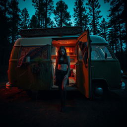 A chilling scene that captures the essence of a young woman with an air of mystery, living in a beautifully decorated van
