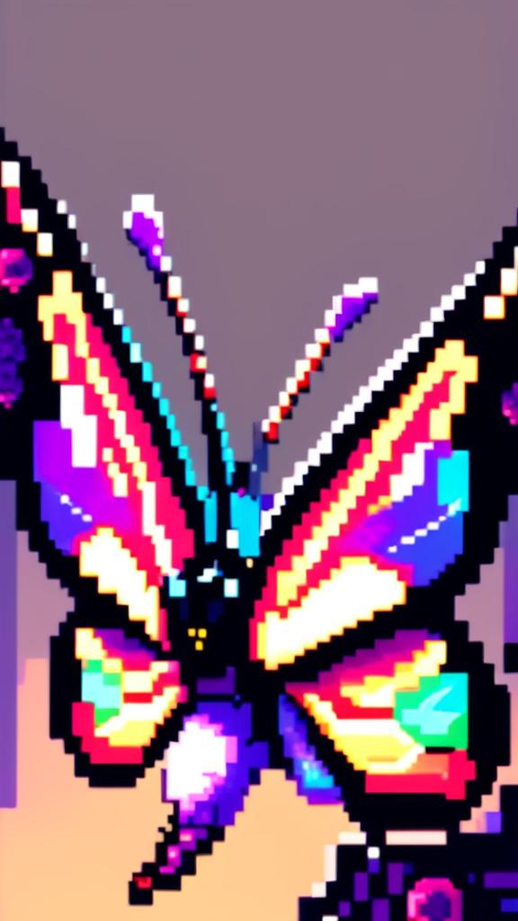 Pixel art profile picture featuring a vibrant butterfly with cosmic rainbow-colored wings against a simple black background.