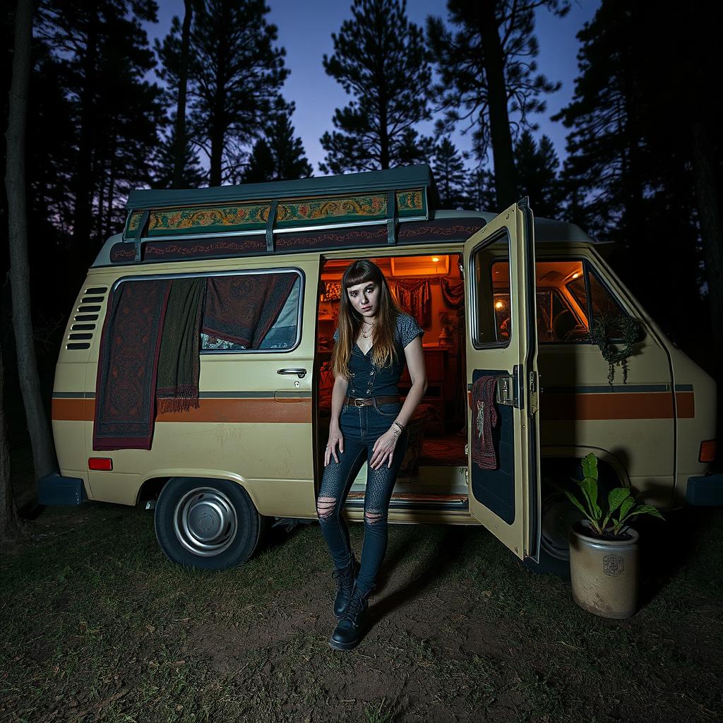 A chilling scene that captures the essence of a young woman with an air of mystery, living in a beautifully decorated van