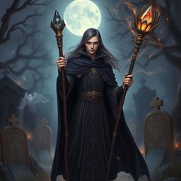 A young human necromancer wizard, elegantly dressed in intricately designed, dark-colored robes that reflect his noble heritage