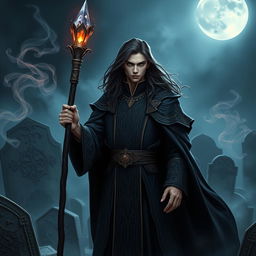 A young human necromancer wizard, elegantly dressed in intricately designed, dark-colored robes that reflect his noble heritage