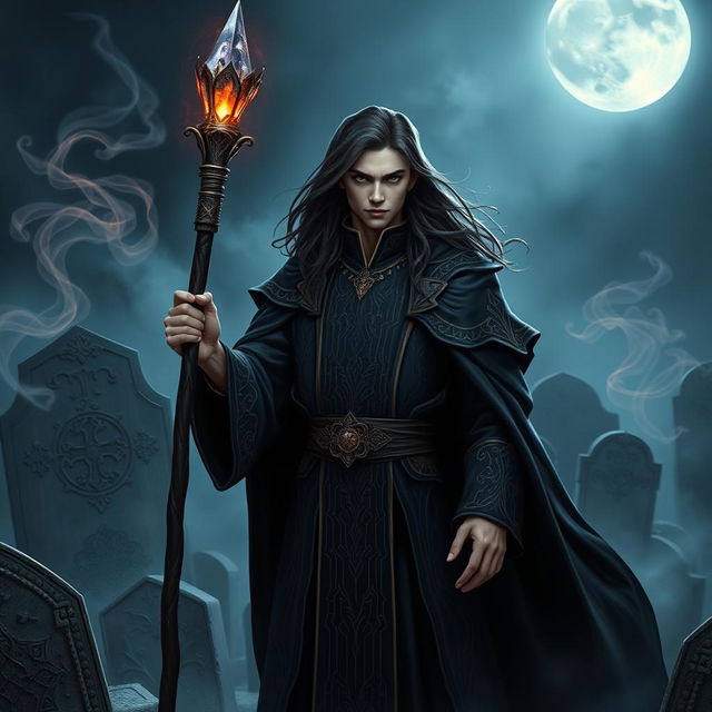 A young human necromancer wizard, elegantly dressed in intricately designed, dark-colored robes that reflect his noble heritage