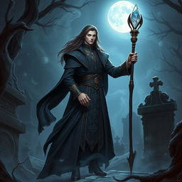 A young human necromancer wizard, elegantly dressed in intricately designed, dark-colored robes that reflect his noble heritage